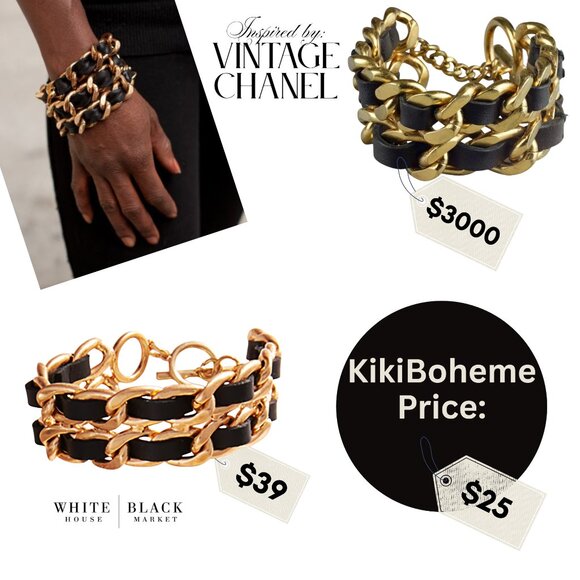 WHBM Black Leather Gold Toggle 2-Layer Bracelet Earrings Designer Inspo NEW - Picture 2 of 7